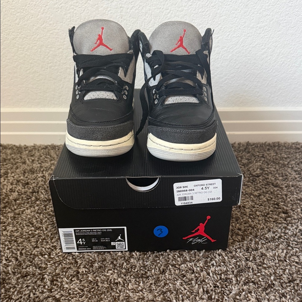 Jordan Retro 3 (GS) Kids Black and Grey Sneakers